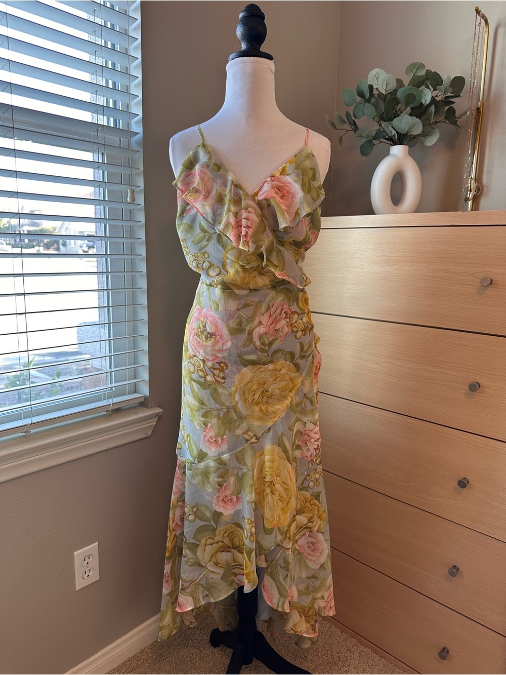 Express Floral Ruffled V-Neck Maxi Dress in Green, Pink, and Yellow